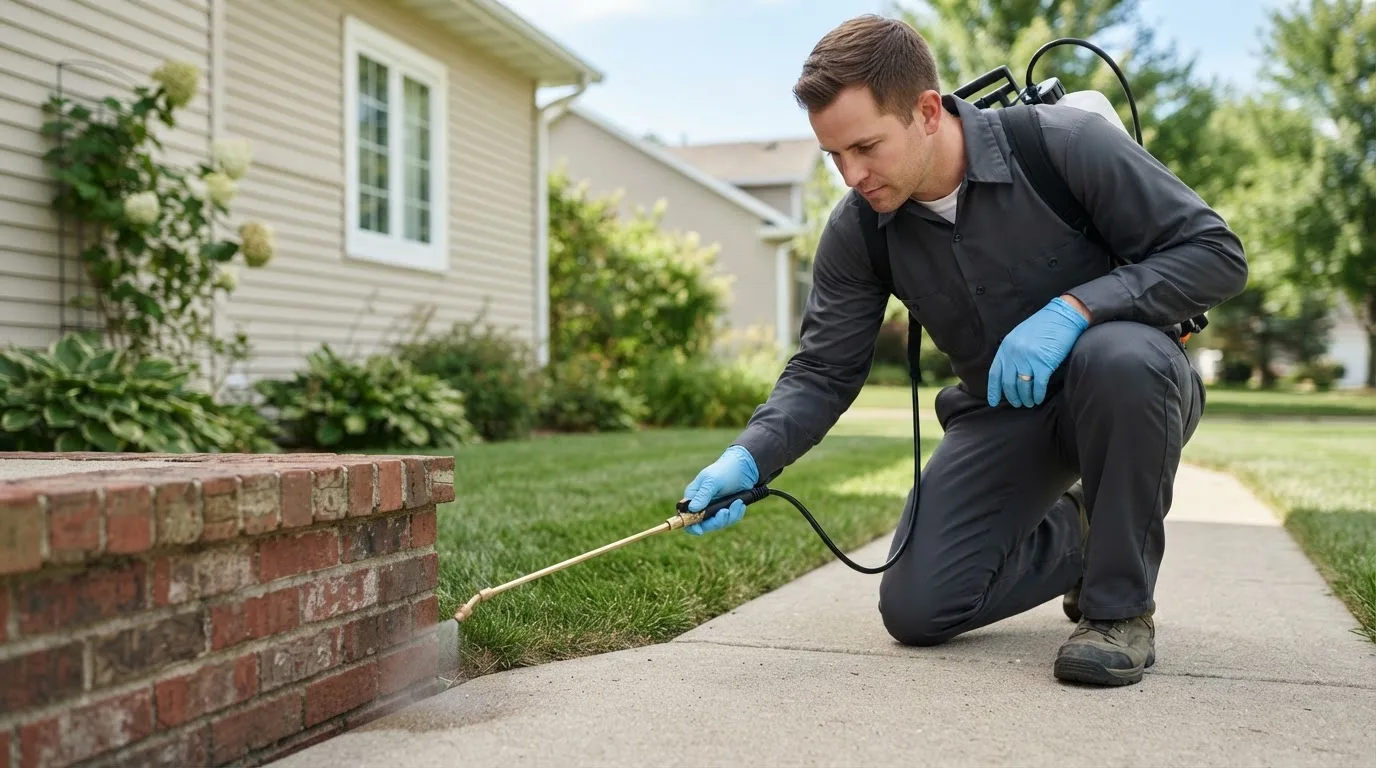 Pest control technician treating a home near March Air Reserve Base, CA